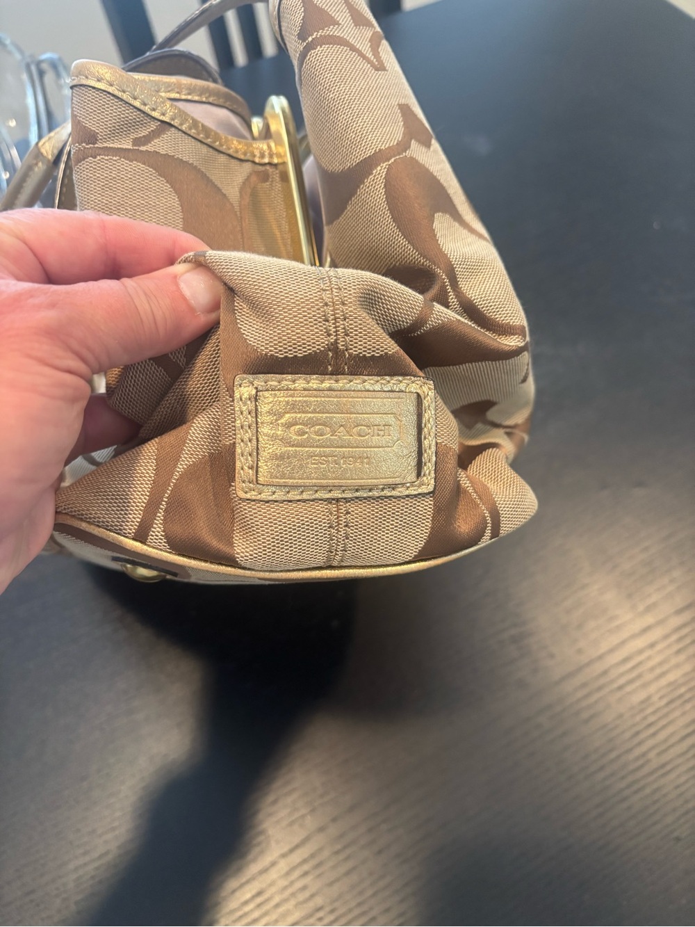 Coach EUC Signature Kisslock Stripe Framed Carryall Tote Gold Metallic w COA - Picture 9 of 13